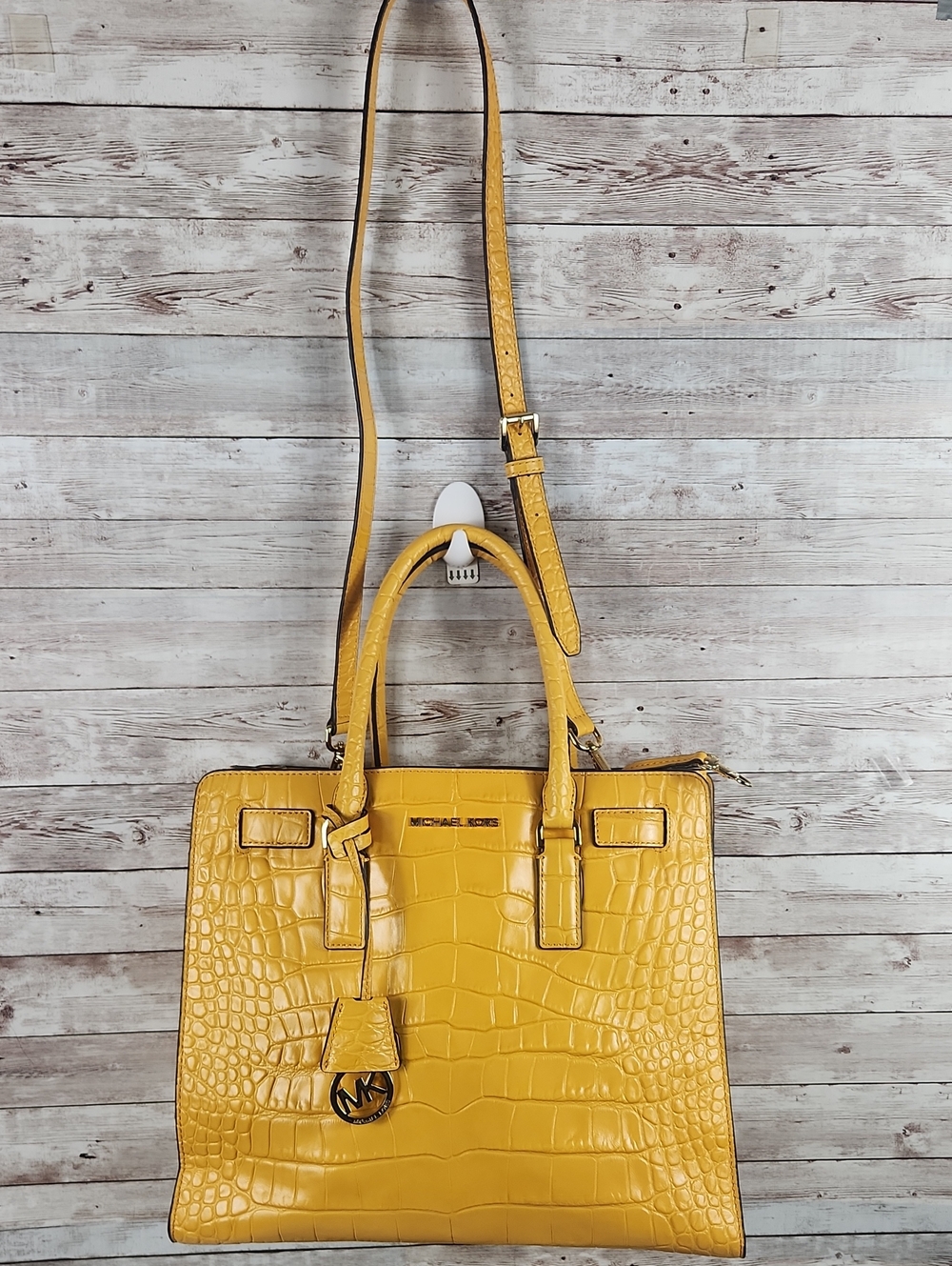 Michael Kors Yellow Croc-Embossed Satchel with MK Charm and Several Compartments - Picture 2 of 10